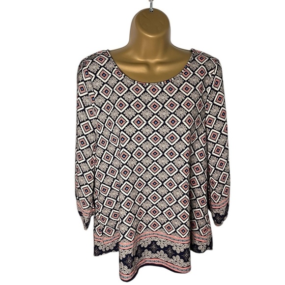 Vintage Y2K Moa Moa Geometric Print Cinch Sleeves Blouse S - Picture 1 of 4